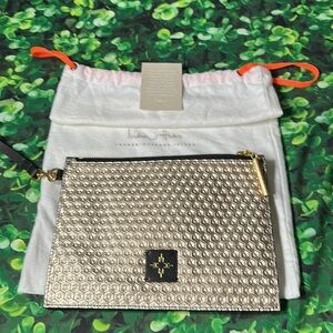 India Hicks Moonlight Metallic Gold Black Leather Clutch Wristlet NEW